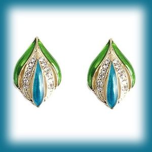 Blue/Green Enamel & Rhinestones Stud Earrings - They shine with elegance
